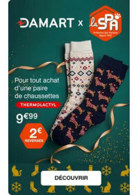 Prospectus Damart PARIS 15 : Chaussettes de Noël Thermolactyl : 1 paire achetée = 2€ reversés à la SPA